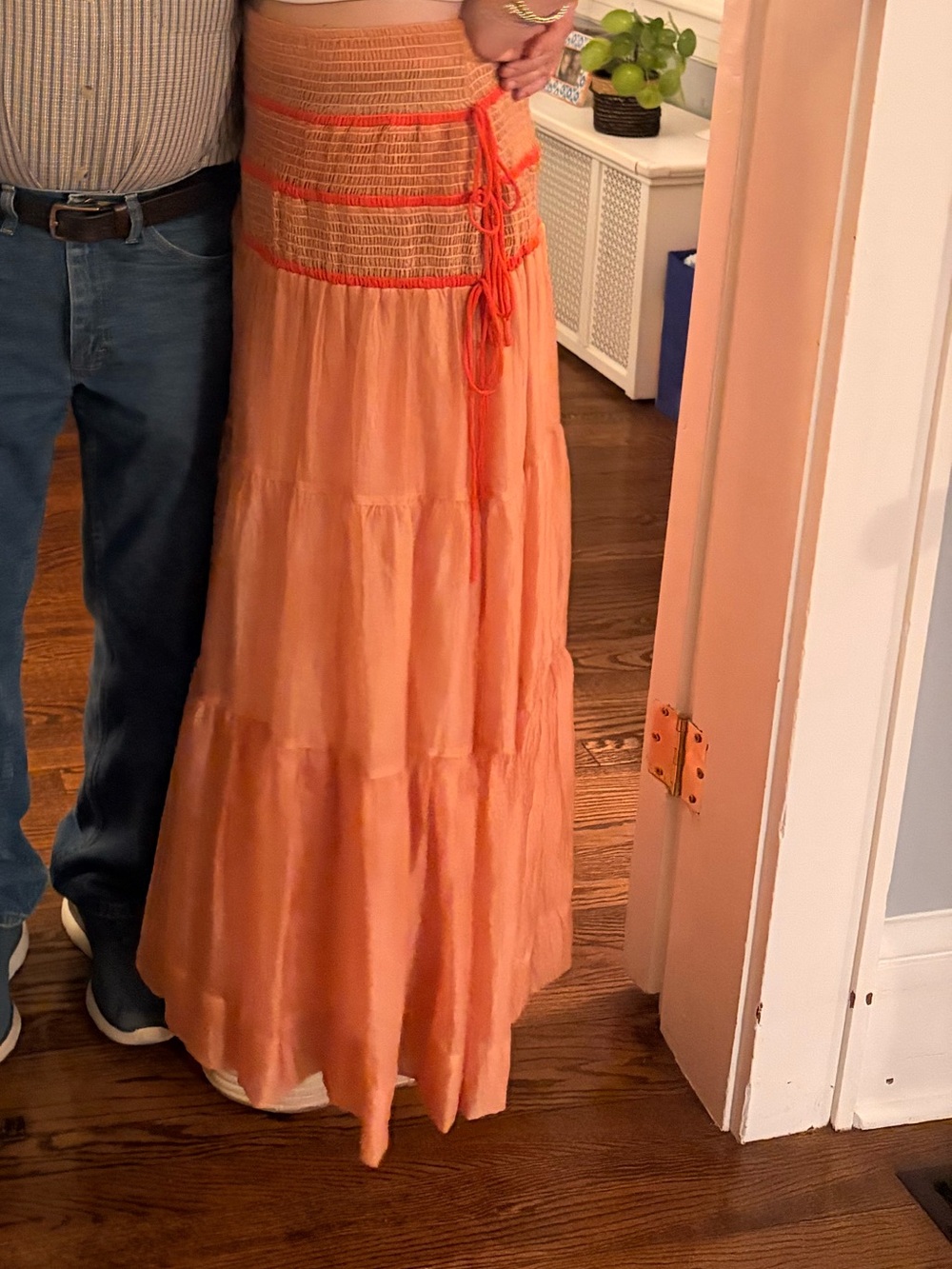 Anthropologie Coral Tiered Maxi Skirt with Smocked Waist